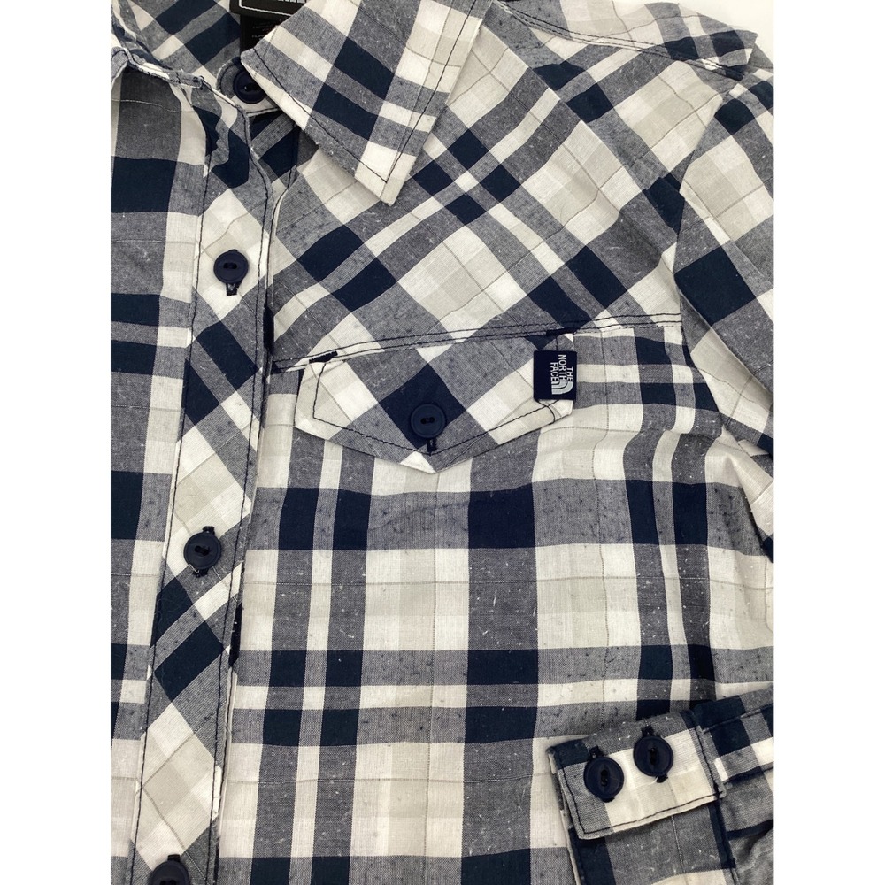 The North Face Womens XS Plaid Button Down Shirt Navy Blue White Long Sleeve - Picture 3 of 11